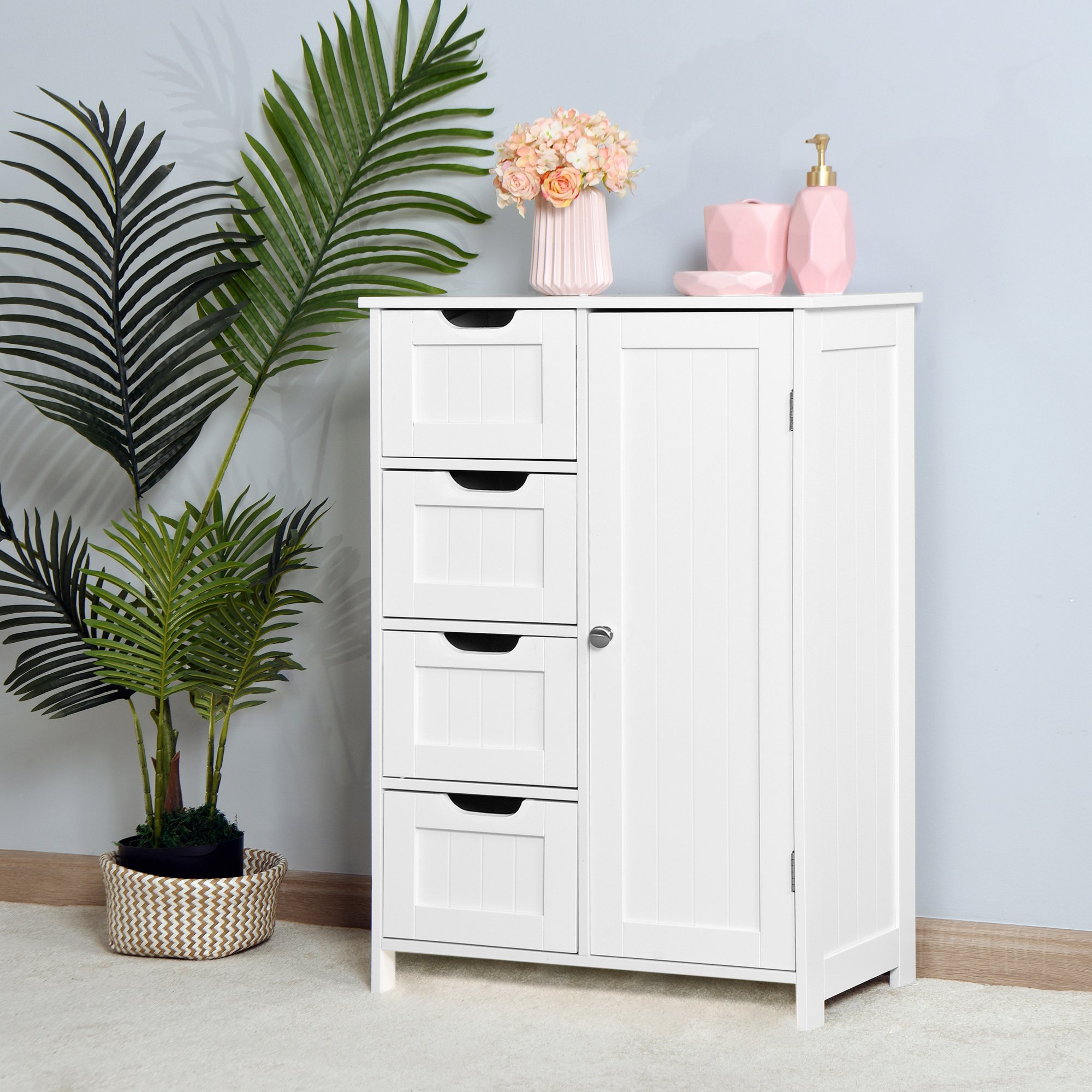 White Bathroom Storage Cabinet, Floor Cabinet with Adjustable Shelf and ...